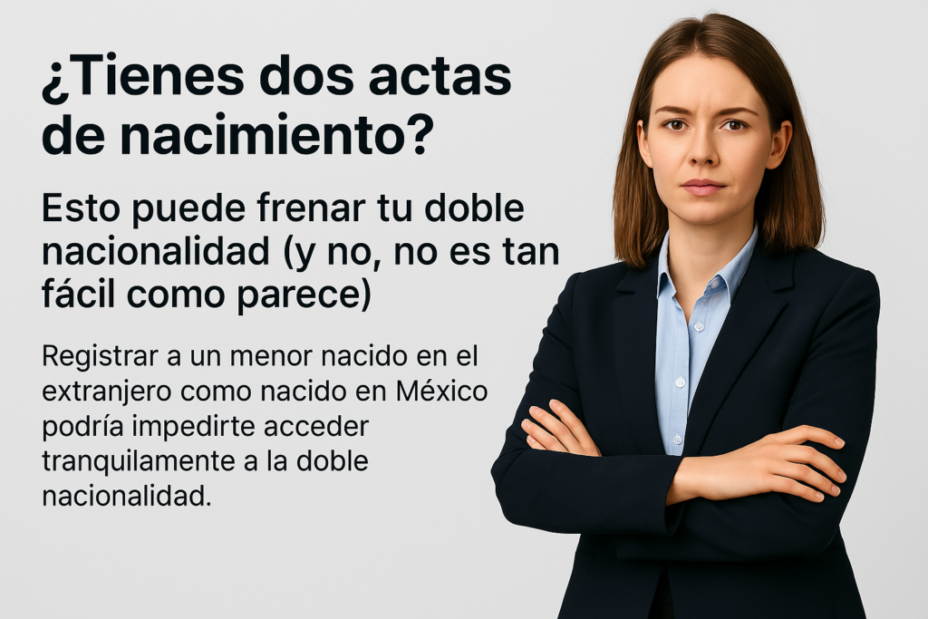 Mujer profesional con brazos cruzados junto a mensaje que advierte sobre problemas legales al tener dos actas de nacimiento en EE.UU. y México.